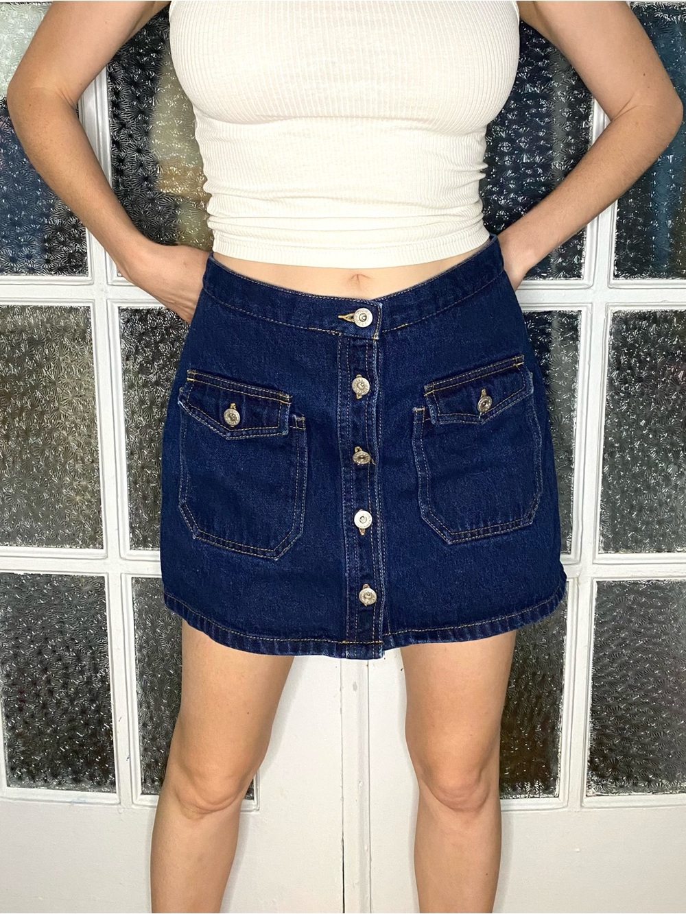 Button-Front Dark Blue Denim Mini Skirt